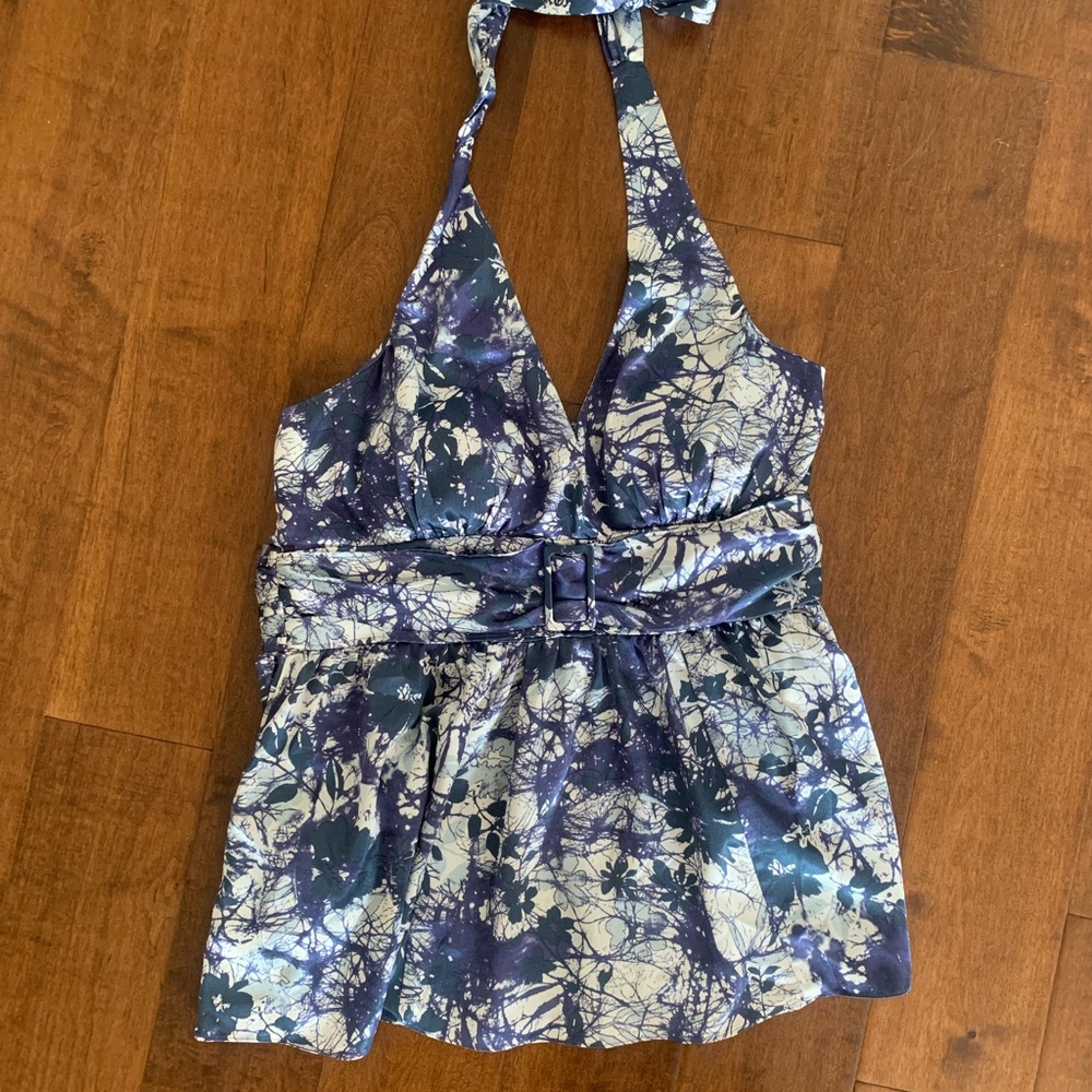 BCBG blue abstract satin halter top Large